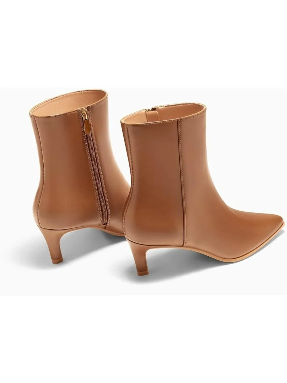 Women Light Brown Pu Kitten Heel Faux Leather Pointed Toe Side Zipper Ankle Boot